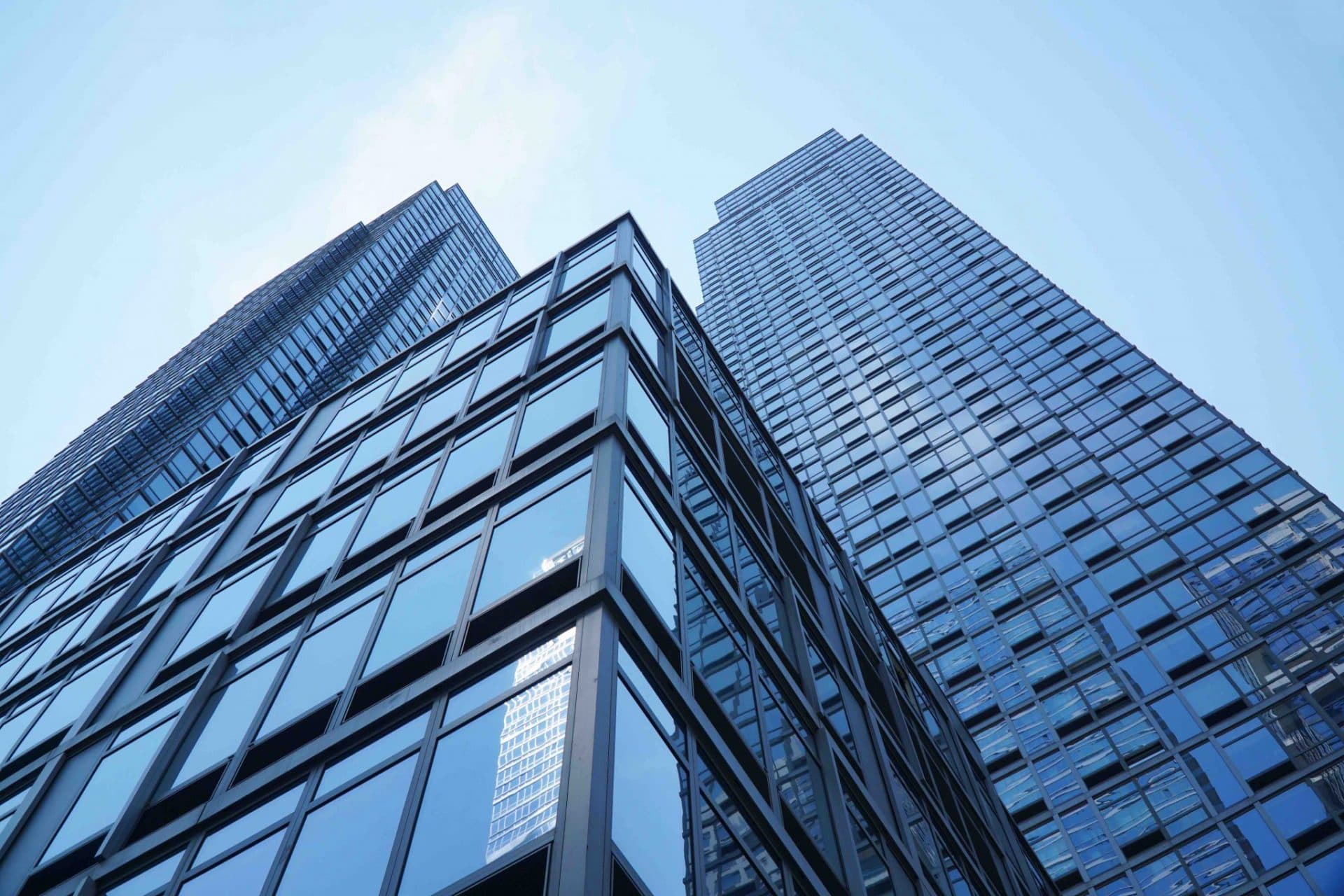 Sunlit glass office towers in downtown Dallas