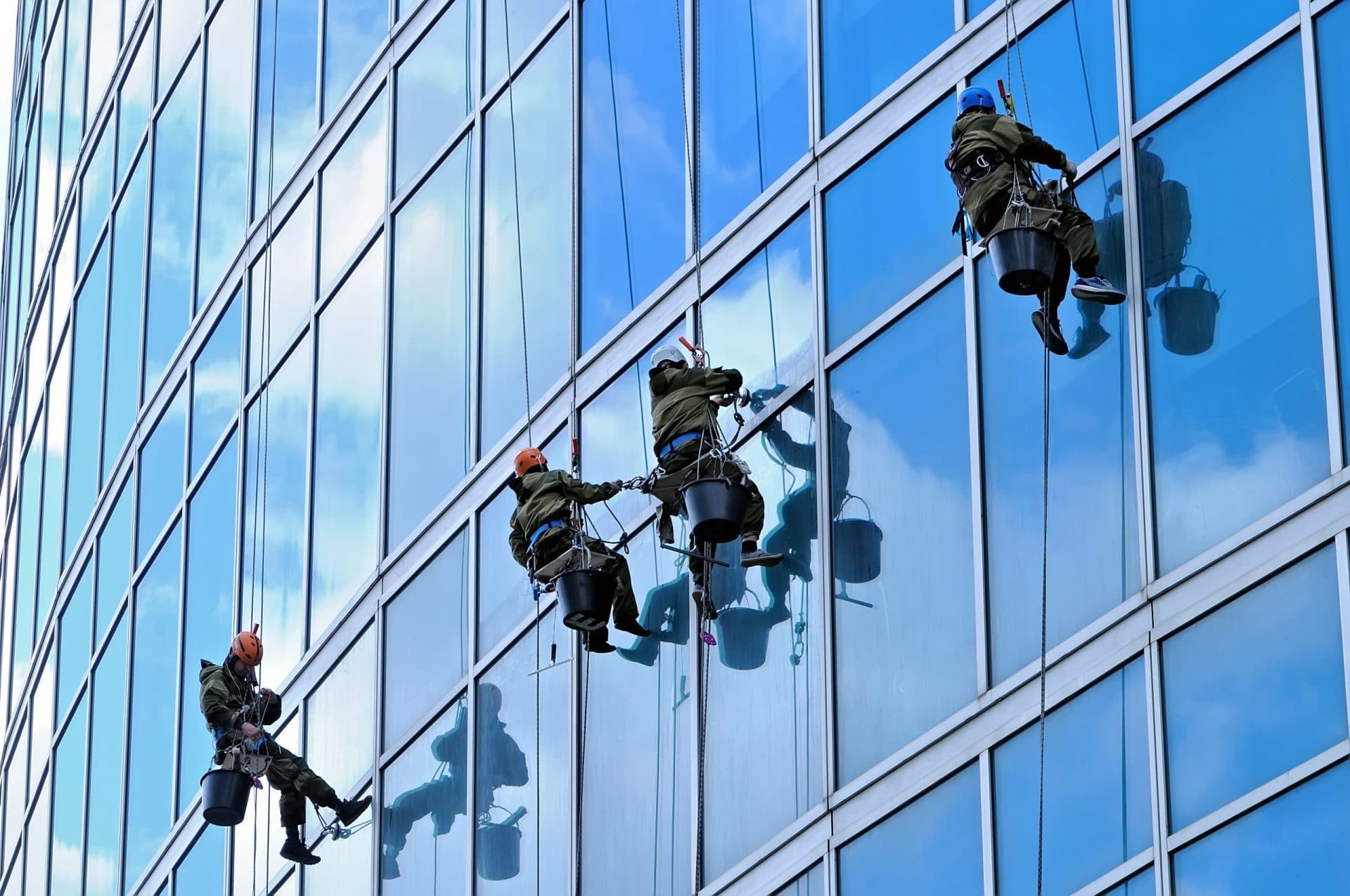 Commercial window cleaning in progress